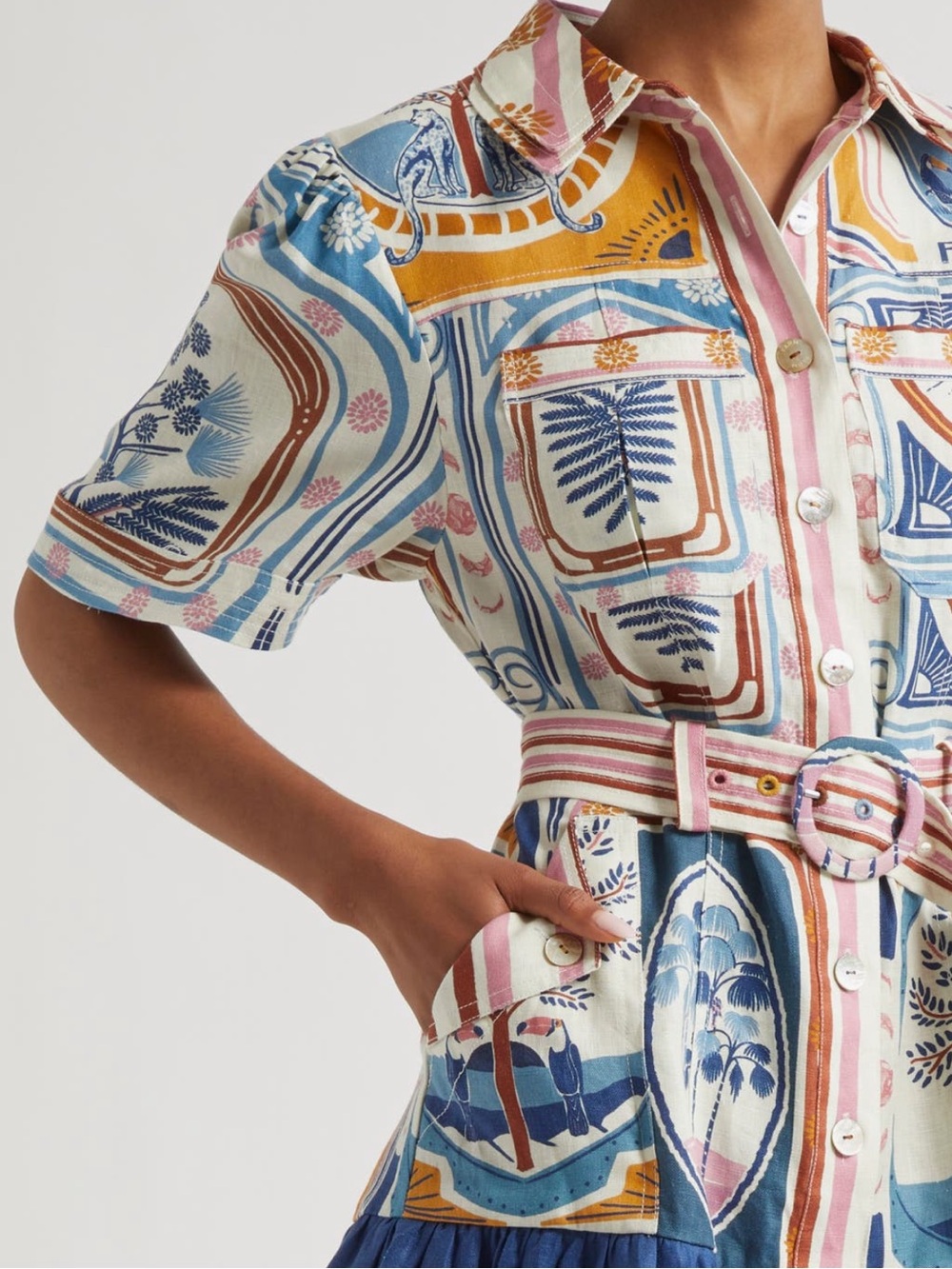 FARM Rio Cerrado Stamps Print Linen Shirtdress NWT Size XL - Picture 4 of 11
